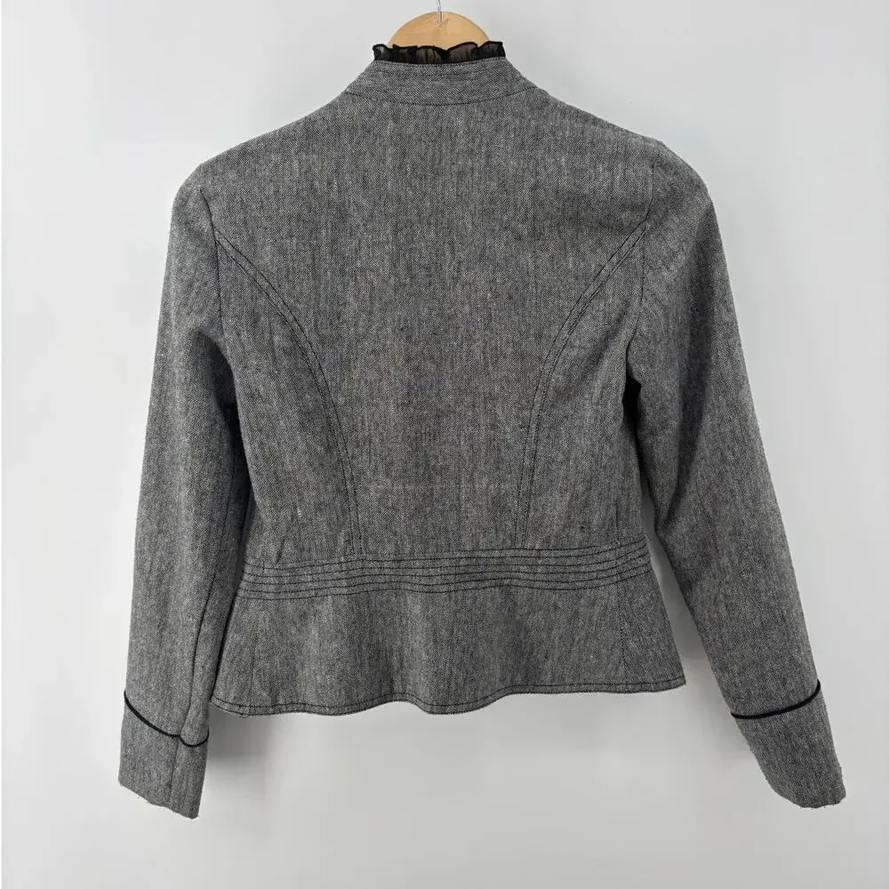 Steampunk Military Open Front Jacket Gray Wool Blend Buttons Ruffle Victorian XS